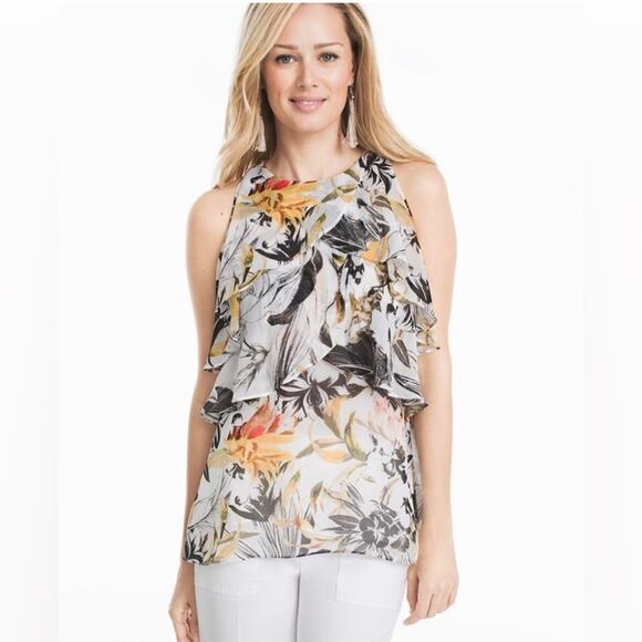 WHBM Ruffle Flowy Lightweight Cool Tropical Floral Black Shell Tank Top Blouse S - Picture 1 of 12